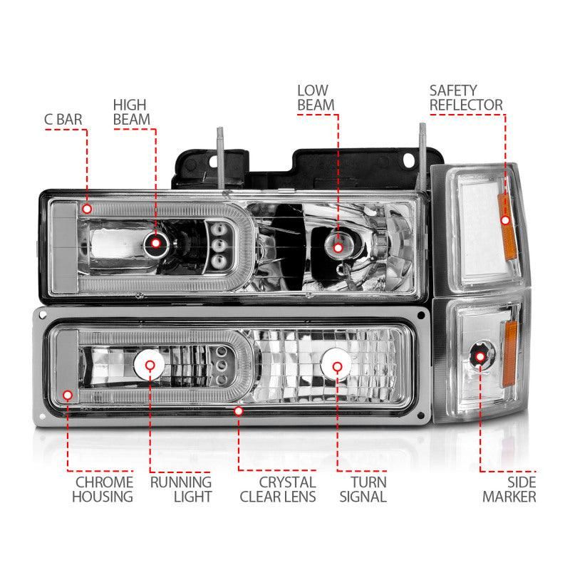 ANZO 88-98 Chevrolet C1500 Crystal Headlights w/Light Bar Chrome Housing w/ Signal Side Markers 8Pcs - SMINKpower Performance Parts ANZ111529 ANZO