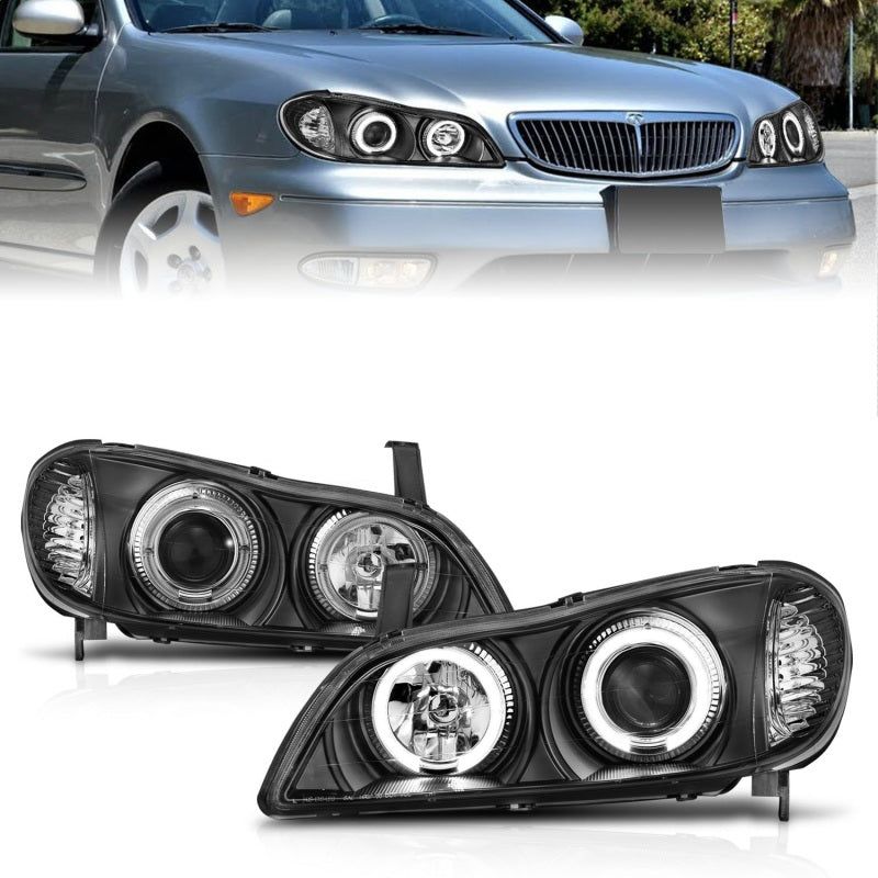 ANZO 2000-2004 Infiniti I30 Projector Headlights w/ Halo Black-Headlights-ANZO-ANZ121077-SMINKpower Performance Parts