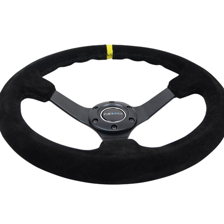 NRG Reinforced Steering Wheel (350mm / 3in. Deep) Blk Suede/X-Stitch w/5mm Blk Spoke & Yellow CM - SMINKpower Performance Parts NRGRST-036MB-S-Y NRG