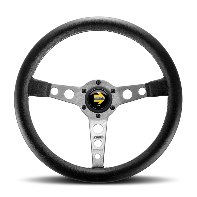 Momo Prototipo Steering Wheel 350 mm - Black Leather/Wht Stitch/Brshd Spokes - SMINKpower Performance Parts MOMPRO35BK0S MOMO