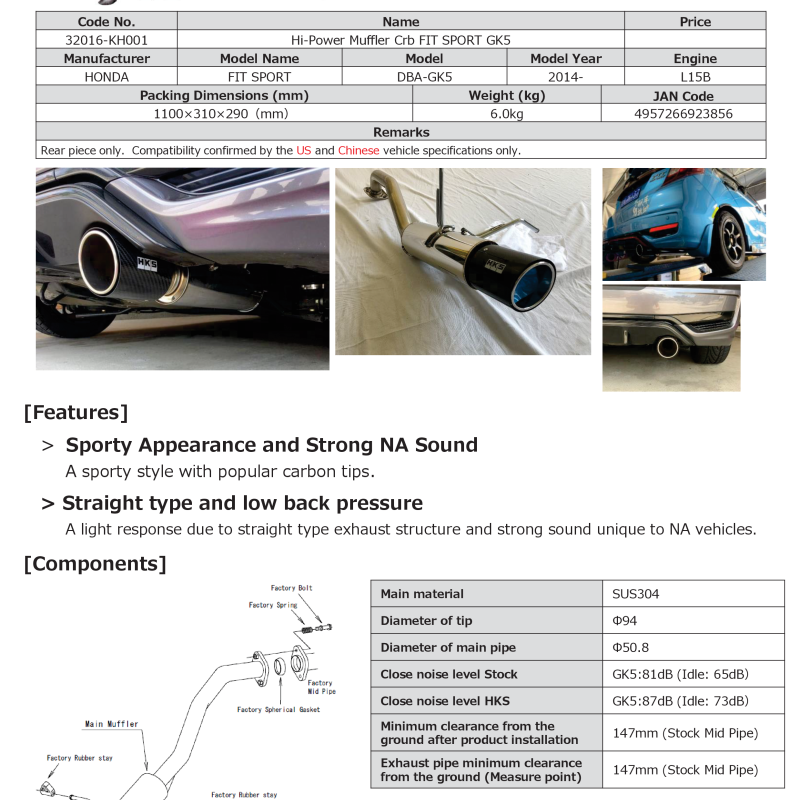 HKS Hi-Power Muffler 2014+ Honda Fit Sport GK5 w/ Carbon Tips - SMINKpower Performance Parts HKS32016-KH001 HKS