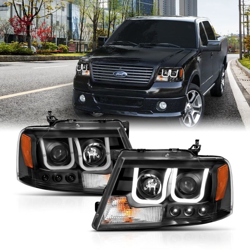 ANZO 2004-2008 Ford F-150 Projector Headlights w/ U-Bar Black-Headlights-ANZO-ANZ111288-SMINKpower Performance Parts