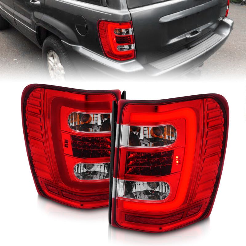 ANZO 1999-2004 Jeep Grand Cherokee LED Tail Lights w/ Light Bar Chrome Housing Red/Clear Lens - SMINKpower Performance Parts ANZ311396 ANZO