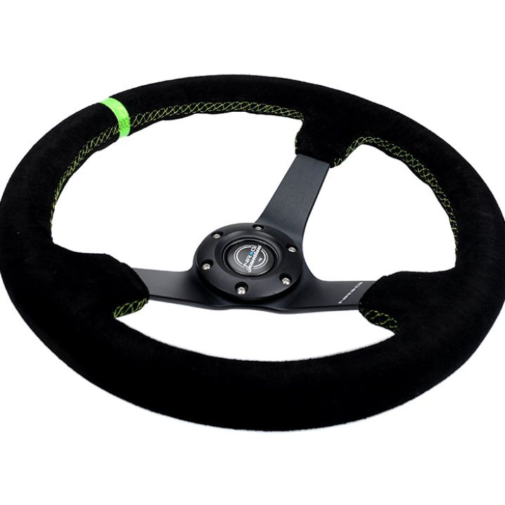 NRG Reinforced Steering Wheel 350mm/3in. Deep Blk Suede/ Neon Green Stitch w/5mm Matte Black Spoke-Steering Wheels-NRG-NRGRST-036MB-S-GN-SMINKpower Performance Parts