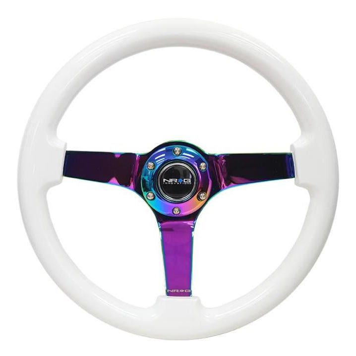NRG Reinforced Steering Wheel (350mm / 3in. Deep) Classic White w/4mm Neochrome Solid 3-Spoke - SMINKpower Performance Parts NRGRST-036WT-MC NRG