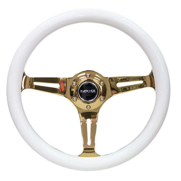 NRG Classic Wood Grain Steering Wheel (350mm) White Grip w/Chrome Gold 3-Spoke Center - SMINKpower Performance Parts NRGST-015CG-WT NRG
