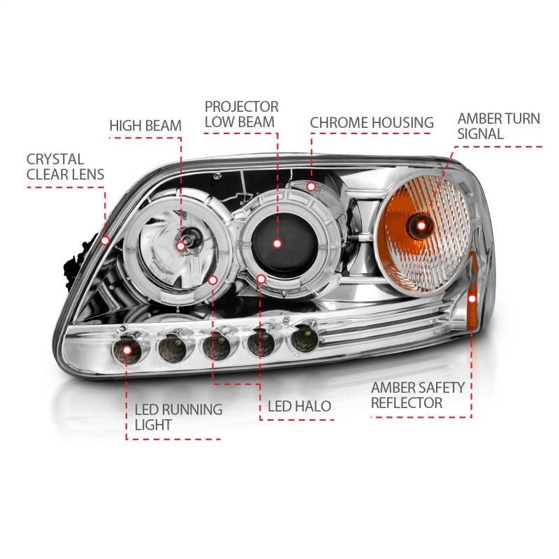 ANZO 1997.5-2003 Ford F-150 Projector Headlights w/ Halo and LED Chrome 1pc - SMINKpower Performance Parts ANZ111032 ANZO