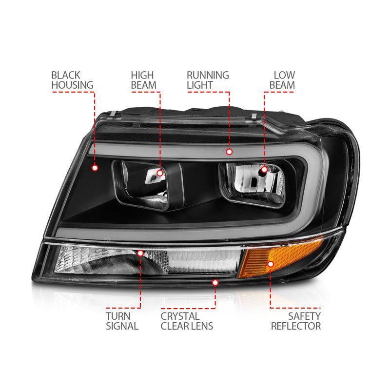 ANZO 99-04 Jeep Grand Cherokee Crystal Headlights - w/ Light Bar Black Housing - SMINKpower Performance Parts ANZ111537 ANZO