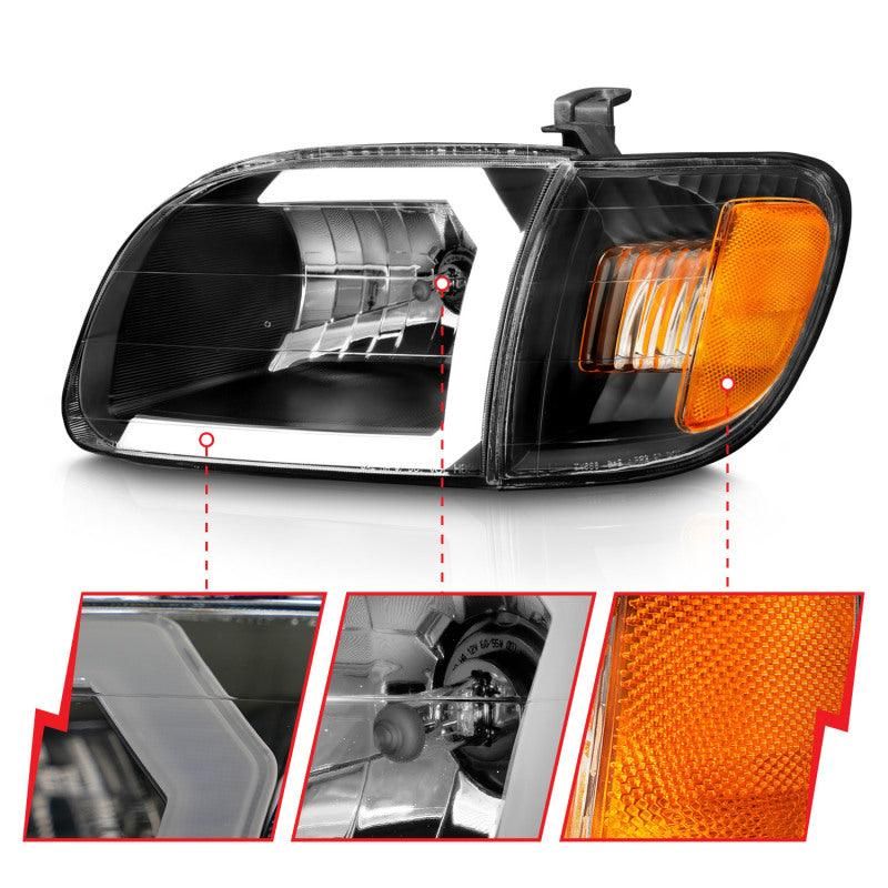 ANZO 00-04 Toyota Tundra (Fits Reg/Acc Cab Only) Crystal Headlights w/Light Bar Black w/Corner Light - SMINKpower Performance Parts ANZ111579 ANZO