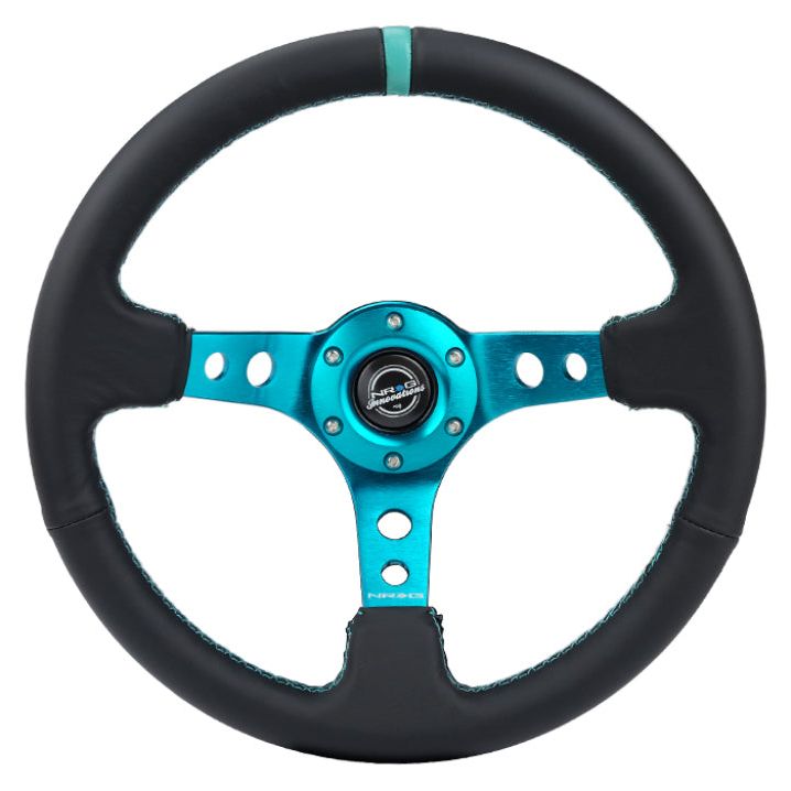 NRG Reinforce Steering Wheel (350mm / 3in. Deep) Blk Leather, Teal Center Mark w/ Teal Stitching-Steering Wheels-NRG-NRGRST-006TL-SMINKpower Performance Parts