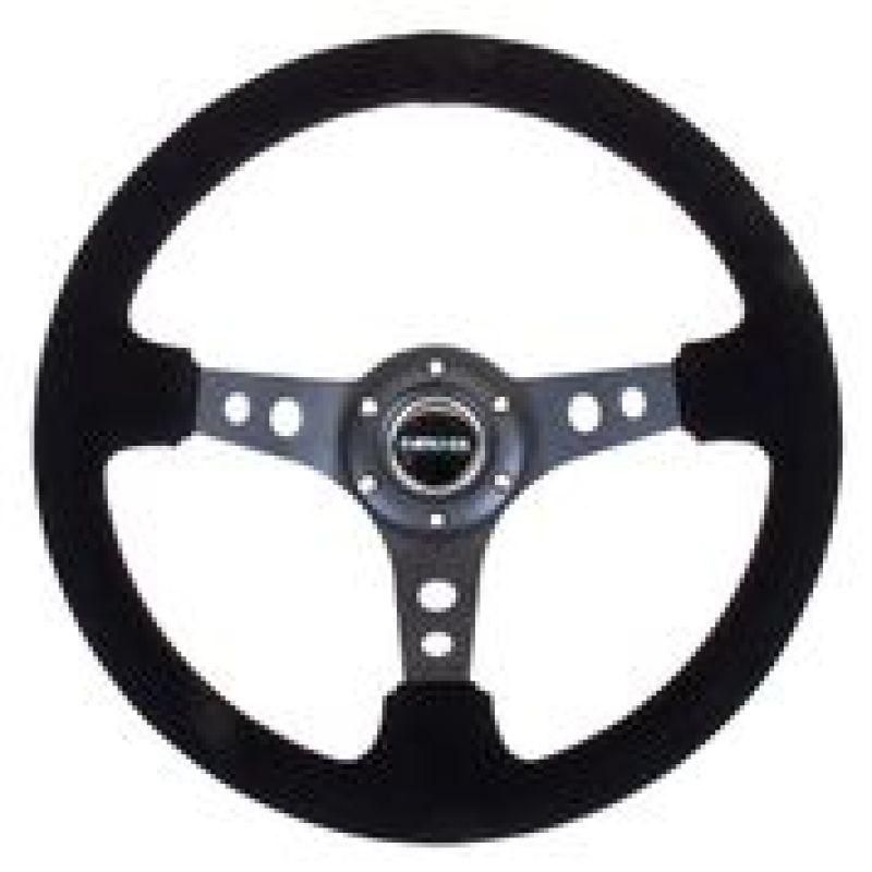 NRG Reinforced Steering Wheel (350mm / 3in. Deep) Blk Suede/Blk Stitch w/Black Circle Cutout Spokes - nrg-reinforced-steering-wheel-350mm-3in-deep-blk-suede-blk-stitch-w-black-circle-cutout-spokes