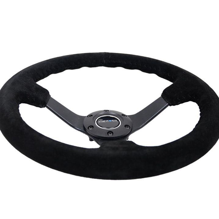 NRG Reinforced Steering Wheel (350mm / 3in. Deep) Blk Suede/Blk Bball Stitch w/5mm Matte Black Spoke - SMINKpower Performance Parts NRGRST-036MB-S-BK NRG
