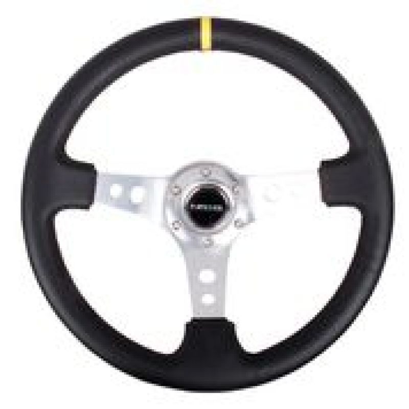 NRG Reinforced Steering Wheel (350mm / 3in. Deep) Blk Leather w/Circle Cut Spokes & Single Yellow CM-Steering Wheels-NRG-NRGRST-006SL-Y-SMINKpower Performance Parts