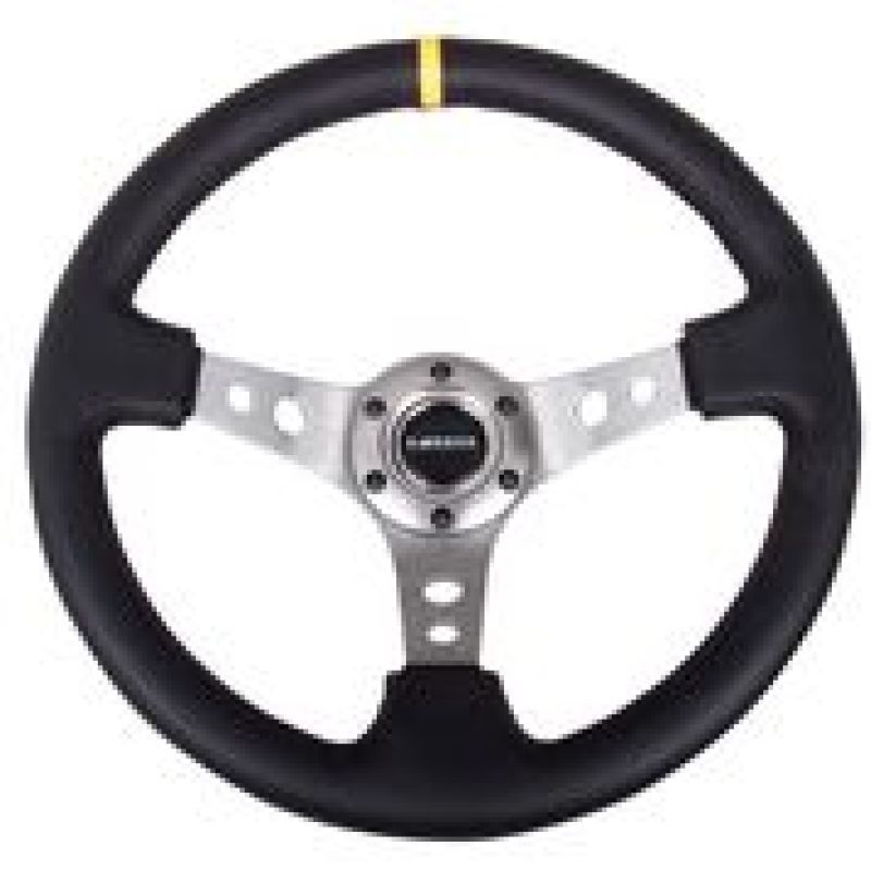 NRG Reinforced Steering Wheel (350mm / 3in. Deep) Blk Leather w/Gunmetal Cutout Spoke & Yellow CM-Steering Wheels-NRG-NRGRST-006GM-Y-SMINKpower Performance Parts