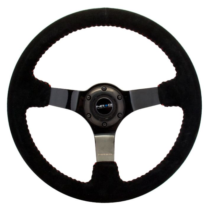 NRG Reinforced Steering Wheel (350mm / 3in. Deep) Blk Suede w/Red BBall Stitch & Black 3-Spoke-Steering Wheels-NRG-NRGRST-036BK-S-SMINKpower Performance Parts