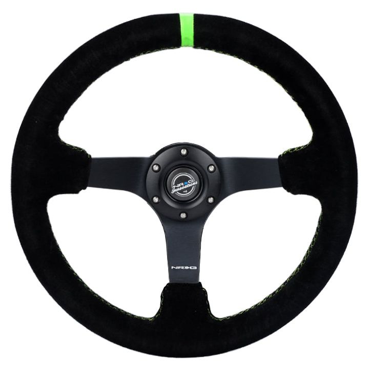 NRG Reinforced Steering Wheel 350mm/3in. Deep Blk Suede/ Neon Green Stitch w/5mm Matte Black Spoke-Steering Wheels-NRG-NRGRST-036MB-S-GN-SMINKpower Performance Parts