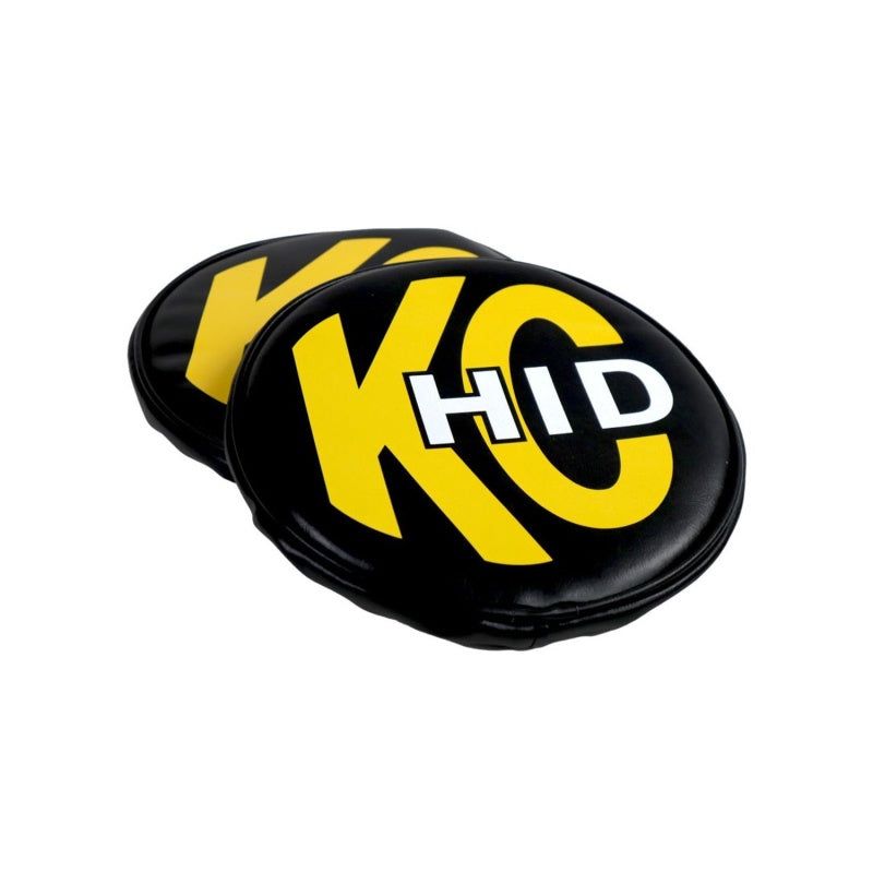 KC HiLiTES 8in. Round Soft Cover HID (Pair) - Black w/Yellow Brushed KC Logo-Light Covers and Guards-KC HiLiTES-KCL5818-SMINKpower Performance Parts