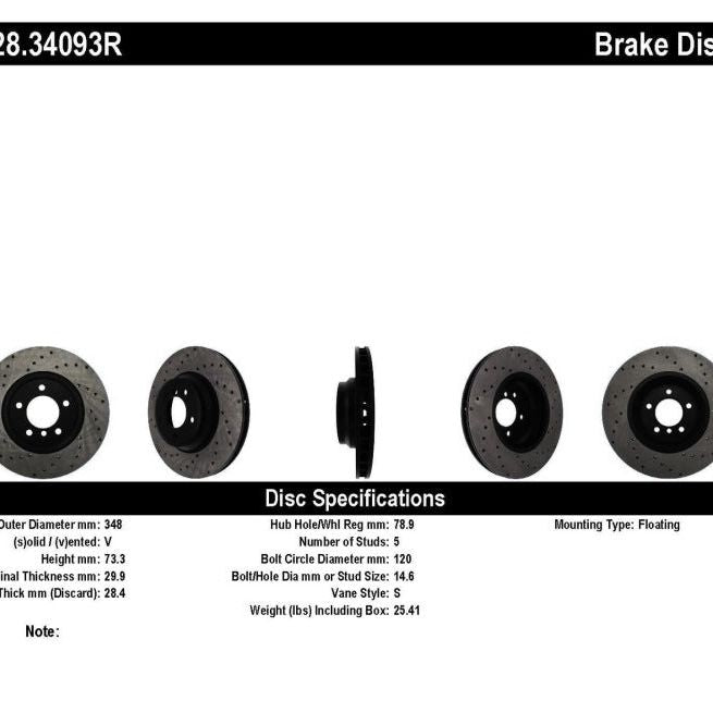 StopTech 07-10 BMW 335i Cross Drilled Right Front Rotor-Brake Rotors - Drilled-Stoptech-STO128.34093R-SMINKpower Performance Parts