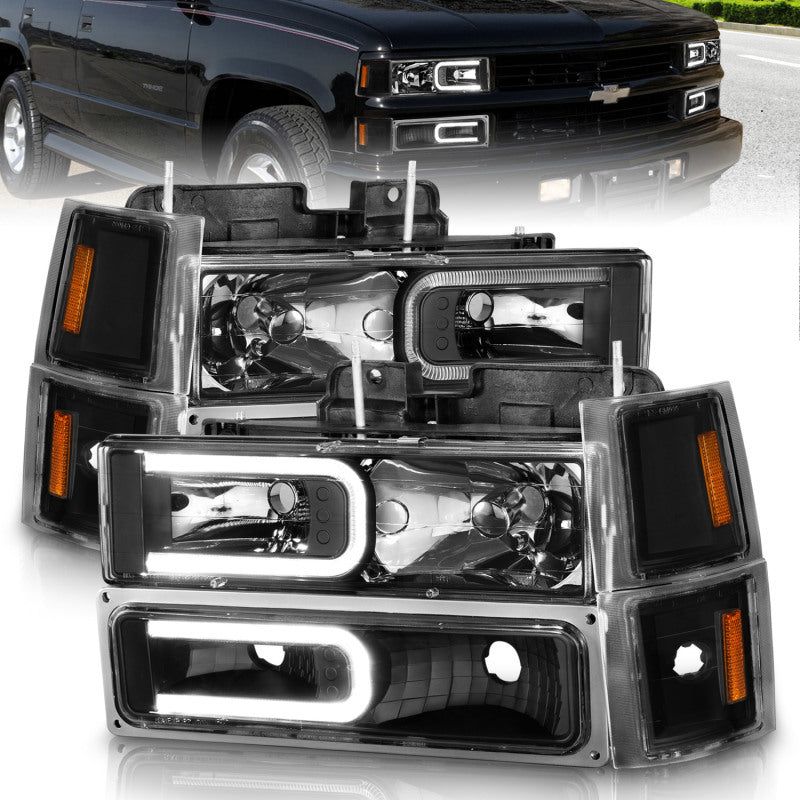 ANZO 88-98 Chevrolet C1500 Crystal Headlights w/ Light Bar Black Housing w/ Signal Side Markers 8Pcs-Headlights-ANZO-ANZ111528-SMINKpower Performance Parts