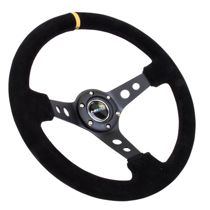 NRG Reinforced Steering Wheel (350mm / 3in. Deep) Blk Suede w/Circle Cut Spokes & Single Yellow CM-Steering Wheels-NRG-NRGRST-006S-Y-SMINKpower Performance Parts