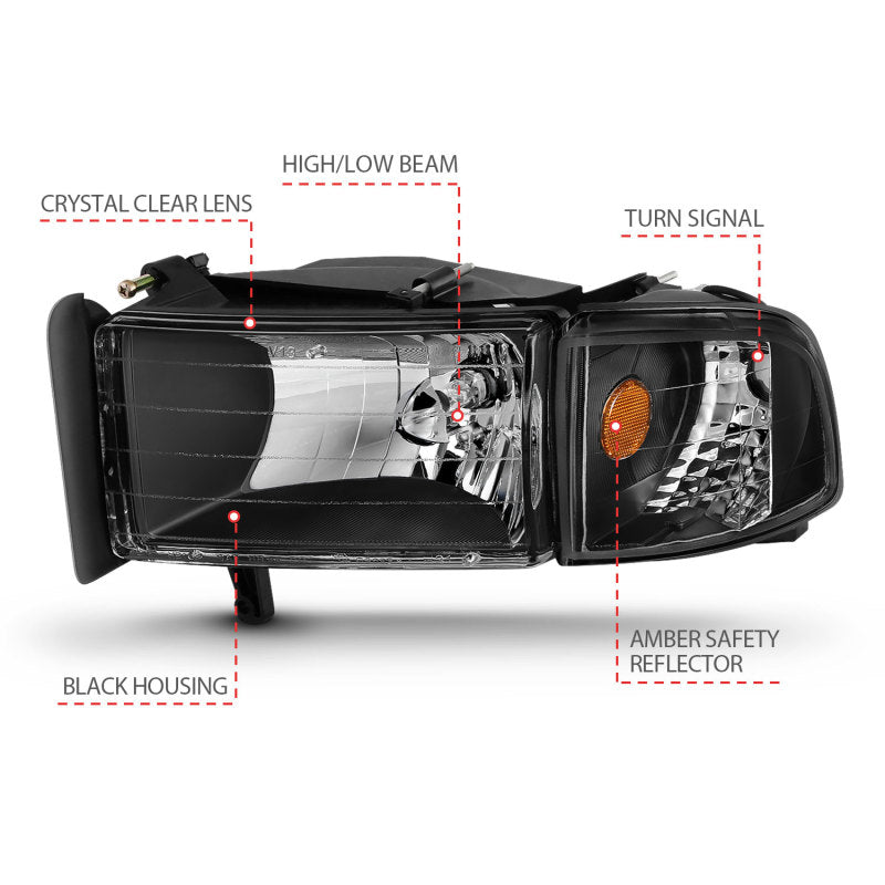 ANZO 1994-2001 Dodge Ram Crystal Headlights Black-Headlights-ANZO-ANZ111067-SMINKpower Performance Parts