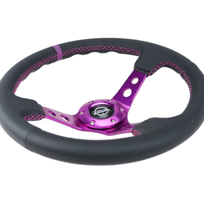 NRG Reinforced Steering Wheel (350mm / 3in. Deep) Black Leather w/Purple Center & Purple Stitching - nrg-reinforced-steering-wheel-350mm-3in-deep-black-leather-w-purple-center-purple-stitching