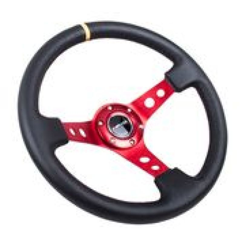 NRG Reinforced Steering Wheel (350mm / 3in. Deep) Blk Leather w/Red Spokes & Sgl Yellow Center Mark-Steering Wheels-NRG-NRGRST-006RD-Y-SMINKpower Performance Parts