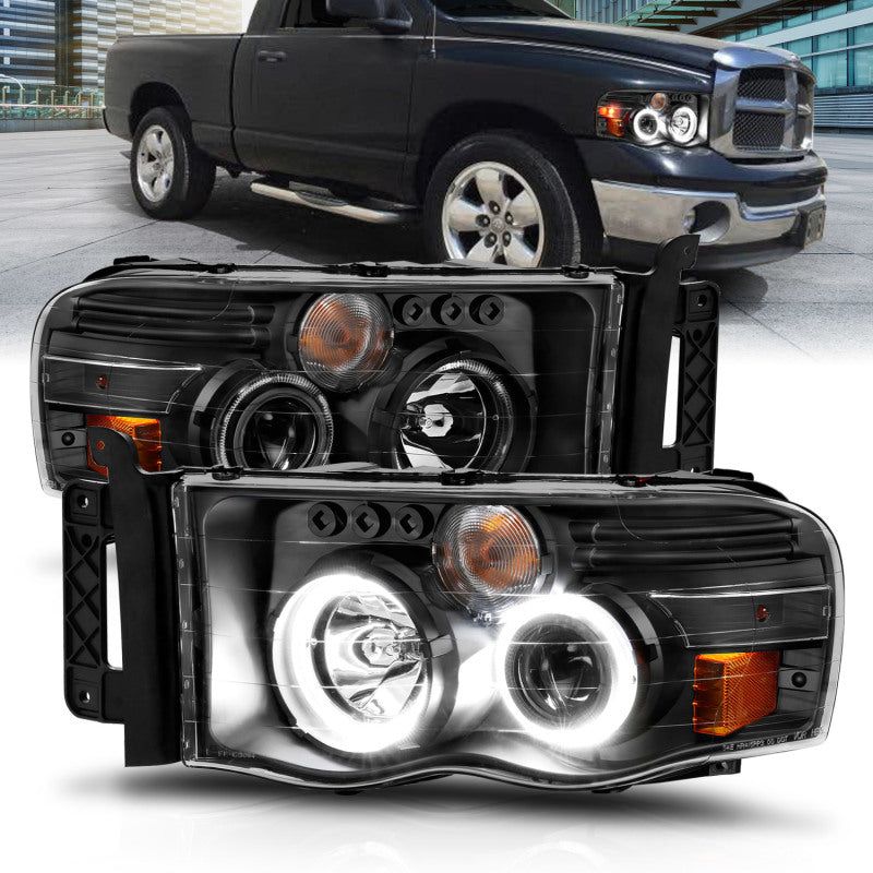 ANZO 2002-2005 Dodge Ram 1500 Projector Headlights w/ Halo Black Clear Amber-Headlights-ANZO-ANZ111490-SMINKpower Performance Parts