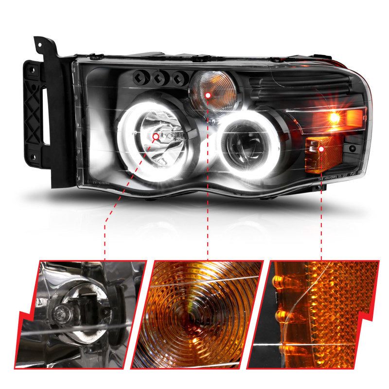 ANZO 2002-2005 Dodge Ram 1500 Projector Headlights w/ Halo Black Clear Amber-Headlights-ANZO-ANZ111490-SMINKpower Performance Parts