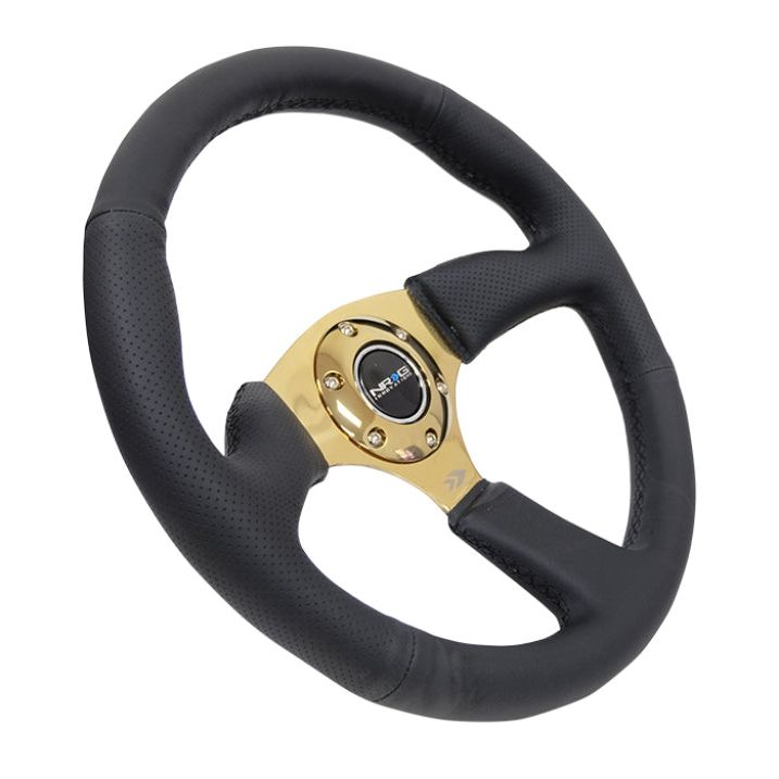 NRG Reinforced Steering Wheel (350mm / 2.5in. Deep) Leather Race Comfort Grip w/4mm Gold Spokes - nrg-reinforced-steering-wheel-350mm-2-5in-deep-leather-race-comfort-grip-w-4mm-gold-spokes