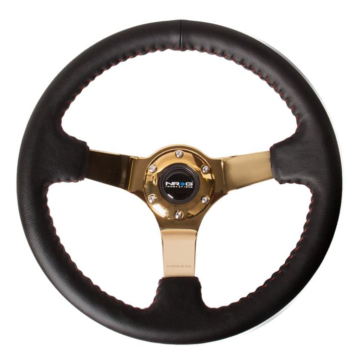 NRG Reinforced Steering Wheel (350mm / 3in. Deep) Blk Leather/Red BBall Stitch w/4mm Gold Spokes - SMINKpower Performance Parts NRGRST-036GD NRG