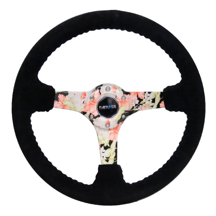 NRG Reinforced Steering Wheel (350mm / 3in. Deep) Blk Suede Floral Dipped w/ Blk Baseball Stitch - SMINKpower Performance Parts NRGRST-036FL-S NRG
