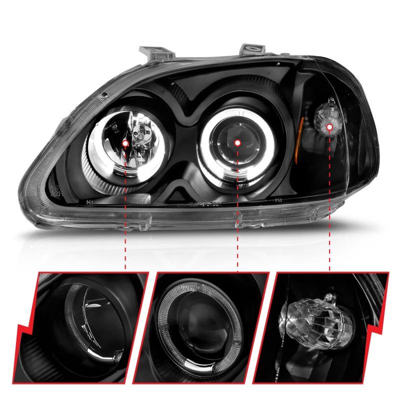 ANZO 1996-1998 Honda Civic Projector Headlights w/ Halo Black-Headlights-ANZO-ANZ121068-SMINKpower Performance Parts