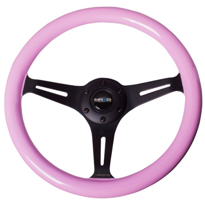 NRG Classic Wood Grain Steering Wheel (350mm) Solid Pink Painted Grip w/Black 3-Spoke Center - SMINKpower Performance Parts NRGST-015BK-PK NRG