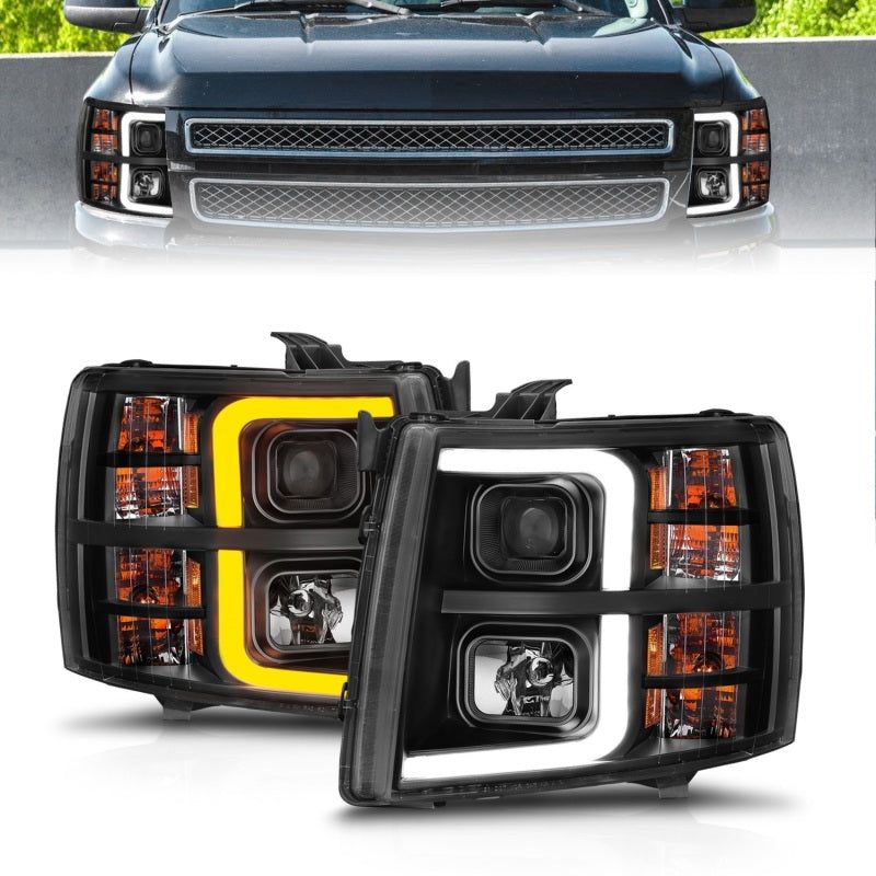 ANZO 2007-2013 Chevrolet Silverado 1500 Projector w/ Light Bar Black Housing w/ Sequential-Headlights-ANZO-ANZ111545-SMINKpower Performance Parts