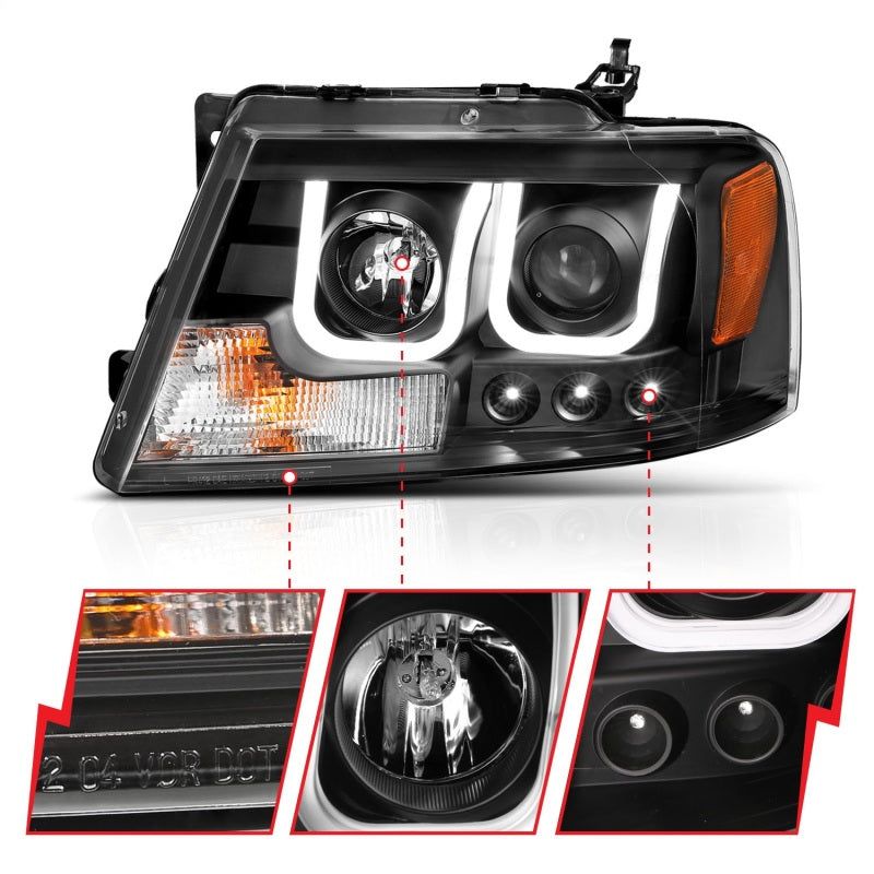 ANZO 2004-2008 Ford F-150 Projector Headlights w/ U-Bar Black-Headlights-ANZO-ANZ111288-SMINKpower Performance Parts