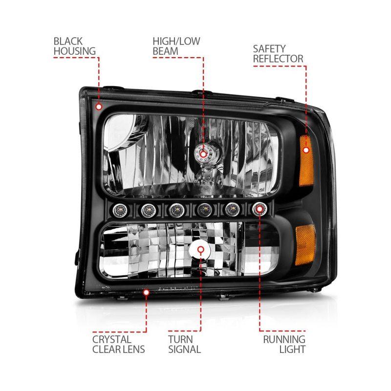 ANZO 2000-2004 Ford Excursion Crystal Headlights Black w/ LED 1pc-Headlights-ANZO-ANZ111106-SMINKpower Performance Parts