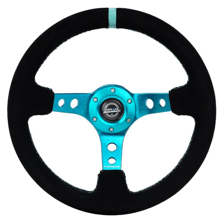 NRG Reinforced Steering Wheel (350mm/ 3in. Deep) Black Suede/ Teal Center Mark/ Teal Stitching - nrg-reinforced-steering-wheel-350mm-3in-deep-black-suede-teal-center-mark-teal-stitching