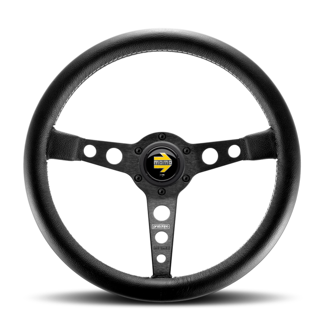 Momo Prototipo Steering Wheel 350 mm - Black Leather/Wht Stitch/Black Spokes - SMINKpower Performance Parts MOMPRO35BK2B MOMO