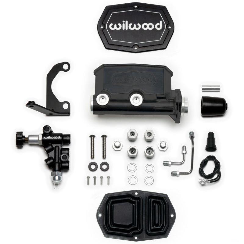 Wilwood Compact Tandem M/C - 1.12in Bore w/RH Bracket and Valve - Black - SMINKpower Performance Parts WIL261-15662-BK Wilwood