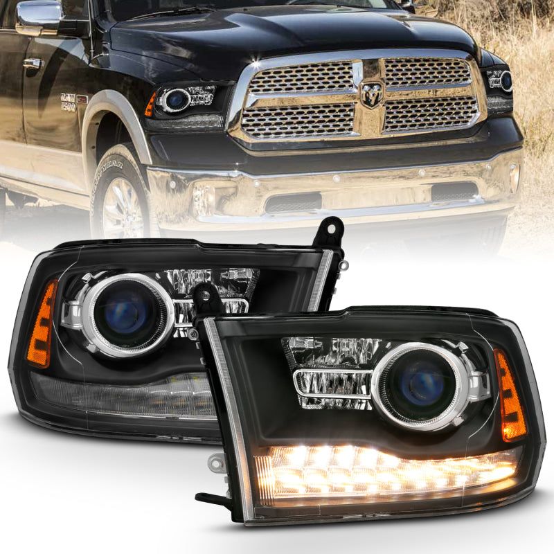 ANZO 2009-2018 Dodge Ram 1500 Projector Headlights Plank Style Halo w/Switchback Matte Black-Headlights-ANZO-ANZ111489-SMINKpower Performance Parts