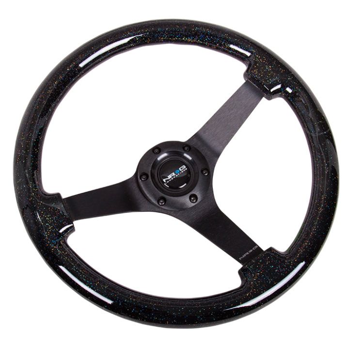 NRG Reinforced Steering Wheel (350mm / 3in Deep) Classic Blk Sparkle Wood Grain w/Blk 3-Spoke Center - SMINKpower Performance Parts NRGRST-036BSB-BK NRG