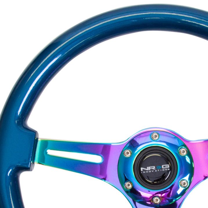 NRG Classic Wood Grain Steering Wheel (350mm) Blue Pearl/Flake Paint w/Neochrome 3-Spoke Center - SMINKpower Performance Parts NRGST-015MC-BL NRG