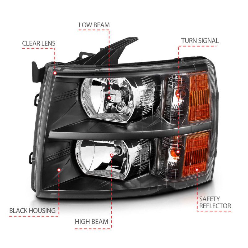 ANZO 2007-2013 Chevrolet Silverado Crystal Headlights Black-Headlights-ANZO-ANZ111393-SMINKpower Performance Parts