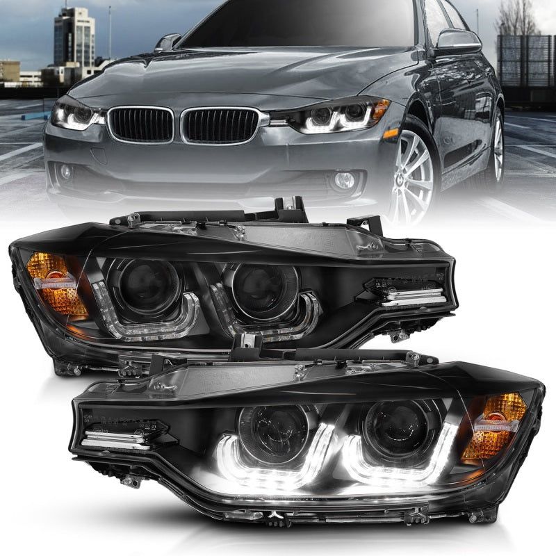 ANZO 2012-2015 BMW 3 Series Projector Headlights w/ U-Bar Black-Headlights-ANZO-ANZ121504-SMINKpower Performance Parts