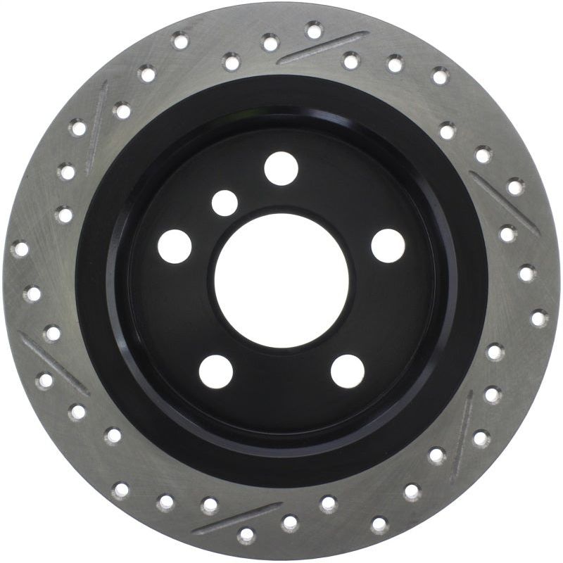 StopTech 14-15 Mini Cooper Base Slotted & Drilled Rear Left Rotor-Brake Rotors - Slot & Drilled-Stoptech-STO127.34159L-SMINKpower Performance Parts