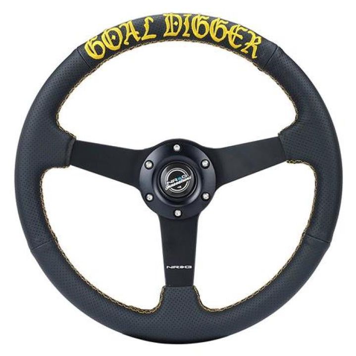 NRG Sport Steering Wheel (350mm / 1.5in Deep) Black Leather/Gold Stitch w/Matte Black Solid Spokes - SMINKpower Performance Parts NRGRST-037MB-PR-GD NRG