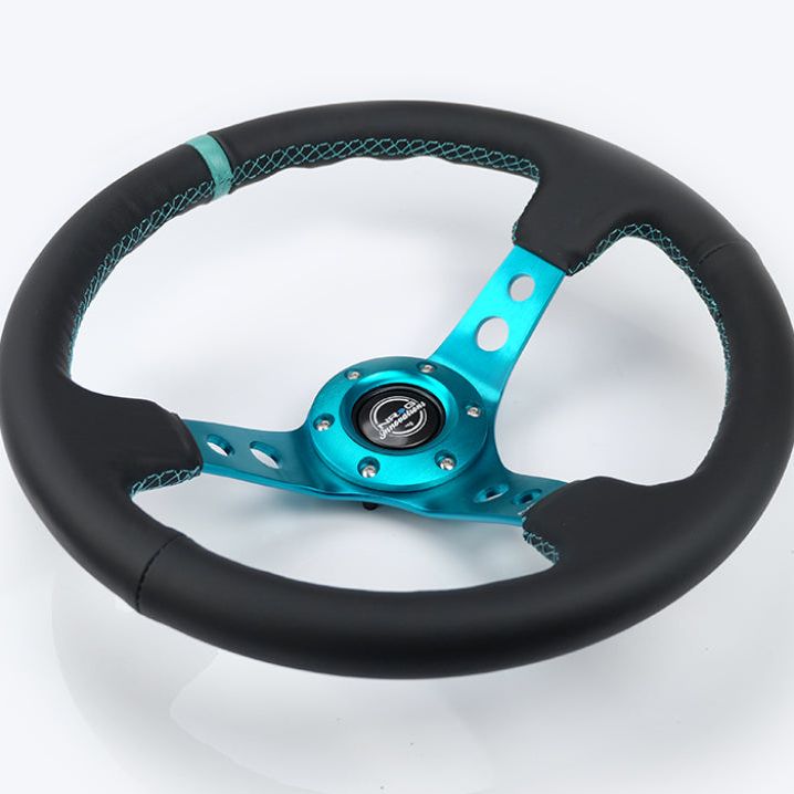NRG Reinforce Steering Wheel (350mm / 3in. Deep) Blk Leather, Teal Center Mark w/ Teal Stitching-Steering Wheels-NRG-NRGRST-006TL-SMINKpower Performance Parts