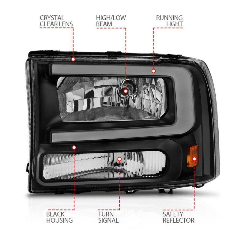 ANZO 99-04 Ford F250/F350/F450/Excursion (excl. 99) Crystal Headlights - w/ Light Bar Black Housing - SMINKpower Performance Parts ANZ111549 ANZO