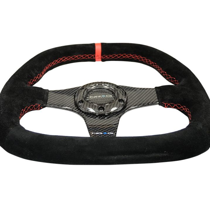 NRG Carbon Fiber Steering Wheel (320mm) Flat Btm. Blk Suede/Red Stitch w/CF Spokes & Red Center Mark - SMINKpower Performance Parts NRGST-019CF NRG